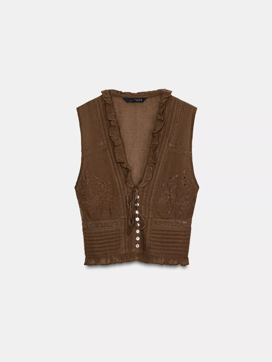 Zara Tops - Zara Brown Eyelet Ruffle Vest